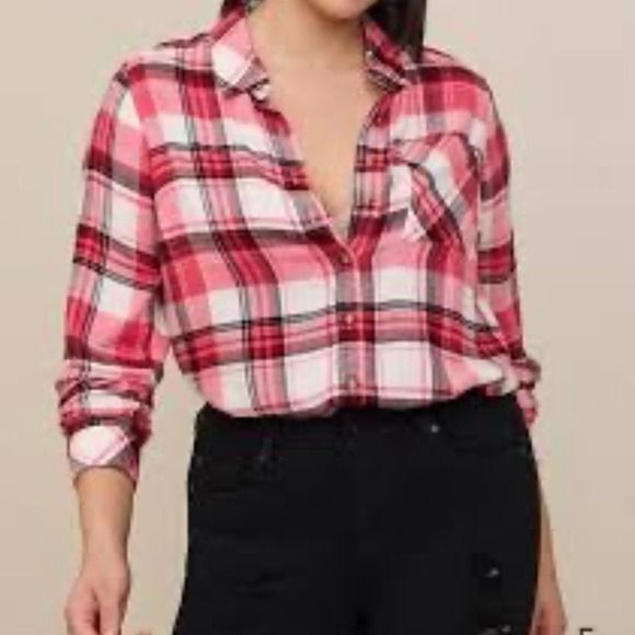 Torrid Lizzie Softest Flannel Shirt Button Up Pink Black White 1x - Picture 8 of 8